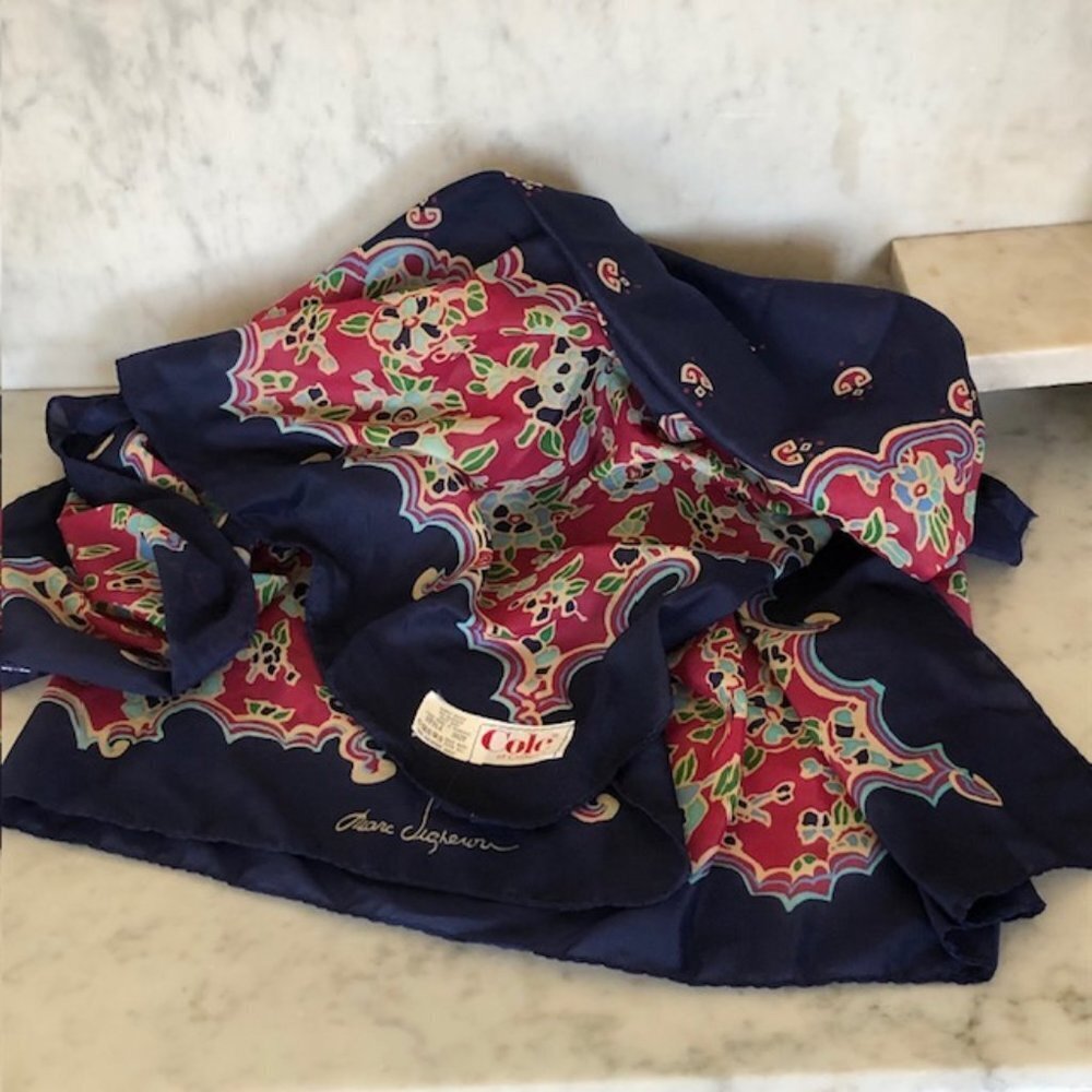 COLE OF CALIFORNIA Marc Vigneron Blue Floral Print Nylon Scarf Square Vi…